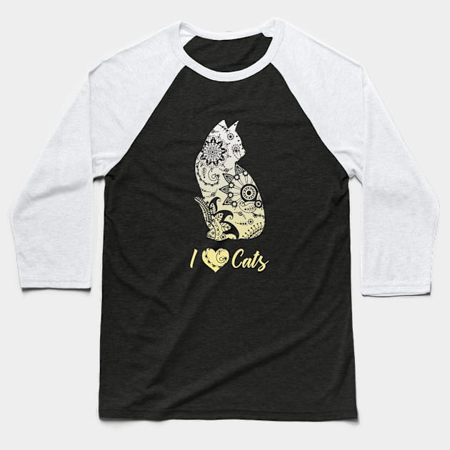 I love Cats Shirt Cat Mommy Mandala Yellow Kitten Lover Baseball T-Shirt by ELFEINHALB